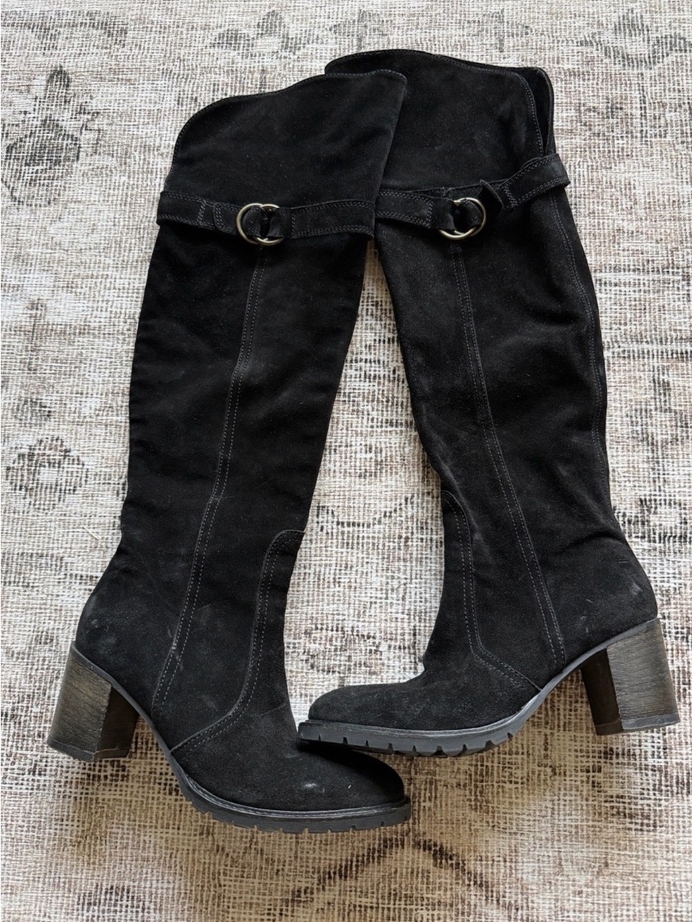 Black Suede Knee-High Block Heel Boots